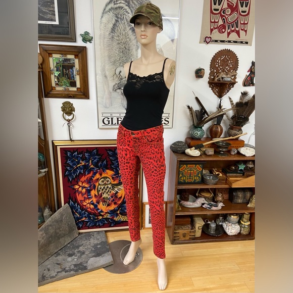 Orangish-Red Skinny Jeans with Black Leopard Spots - Picture 3 of 11